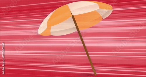 Beach umbrella slanting against abstract red background, with orange white panels and brown pole