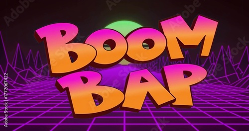 Floating 3D BOOM BAP text hovering over purple grid plane, featuring green sun and wireframe peaks