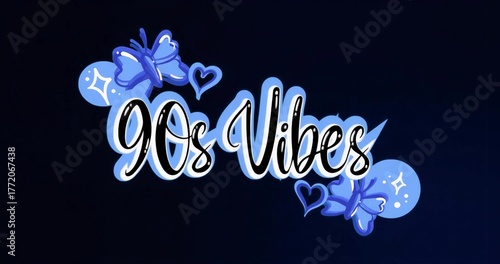 Displaying 90s Vibes lettering on deep navy backdrop, featuring butterflies hearts sparkles