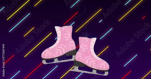Hanging pair of pink ice skates on thin metal hanger in neon streaked purple backdrop, futuristic