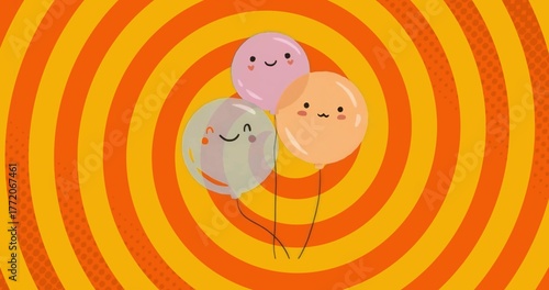Floating pastel balloons with faces on black strings drifting over alternating yellow orange rings