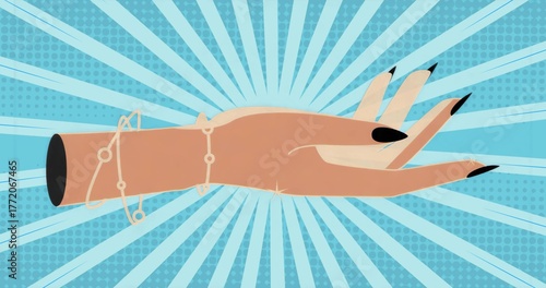 Showing hand and arm reaching across pop art backdrop with black nails and chain bracelets glinting