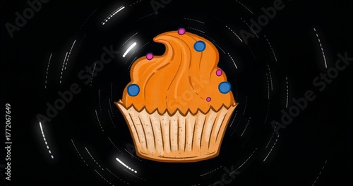 Floating cartoon cupcake drifting in space with orange frosting, blue-pink sprinkles, swirl lines