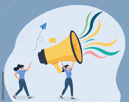 Two figures amplify messages via a megaphone, emitting colorful waves, a paper plane, and an envelope, symbolizing dynamic communication and marketing outreach