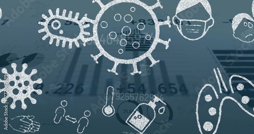 Displaying coronavirus drawing on health dashboard, with bacterial cell, hygiene and safety icons
