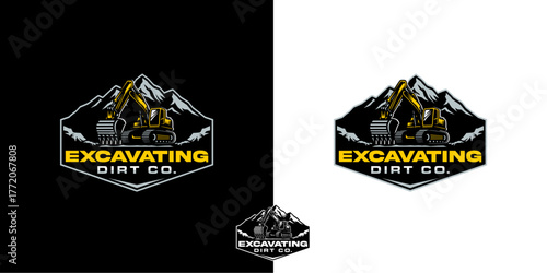 Excavating Dirt Co badge vector logo. It featuring a heavy machinery and a mountain illustration.