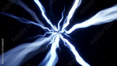 Abstract Blue Energy Beams Radiating From a Bright Central Point Against a Dark Starry Background