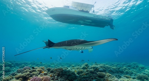 Fototapeta Naklejka Na Ścianę i Meble -  Manta Ray Swimming Underneath a Boat in Clear Blue Water