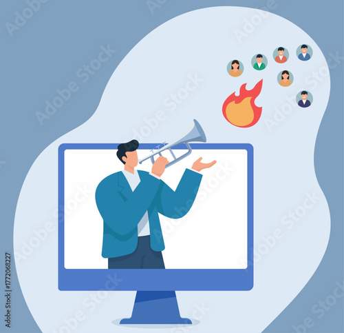 A man on a computer screen plays a fiery trumpet, attracting floating avatars, symbolizing viral online announcements or digital hype