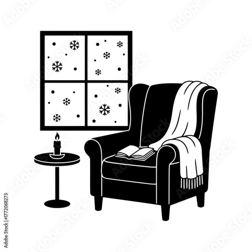 Vector art of cozy armchair with blanket and book near window