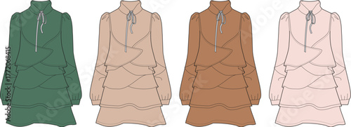 Collection of romantic long-sleeved dresses with a pussy bow collar and tiered skirt. Fashion technical flat sketch set in multiple colorways