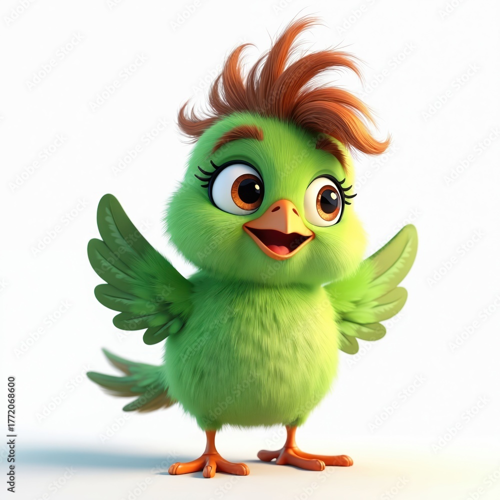 Fototapeta premium Cute cartoon green bird with orange beak and fluffy brown hair. This cheerful chick waves its wings, inviting fun and play. Ideal for kids content and cheerful designs.