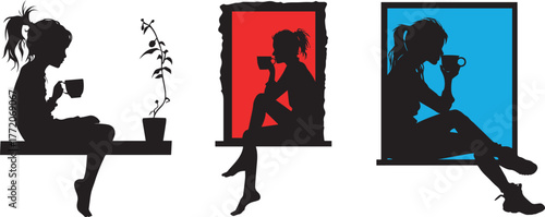 Silhouette art of girls drinking tea on windowsills vector illustration image
