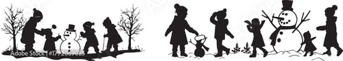 Winter silhouette scene of children building snowman in snow vector graphic
