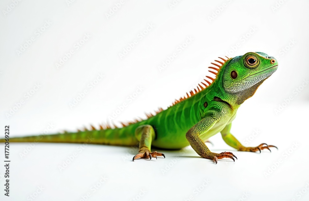 Fototapeta premium Green iguana reptile on white studio background. Small lizard sits still. Mesoamerica animal displays bright scales and crest. Tropical creature looks to side. Young iguana poses.