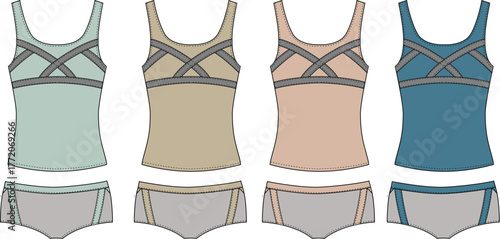 Fashion illustration of various colored tank tops and matching underwear for design and apparel