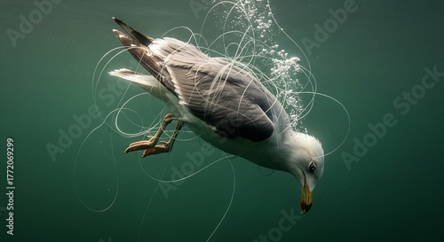Seagull entangled in discarded fishing line underwater