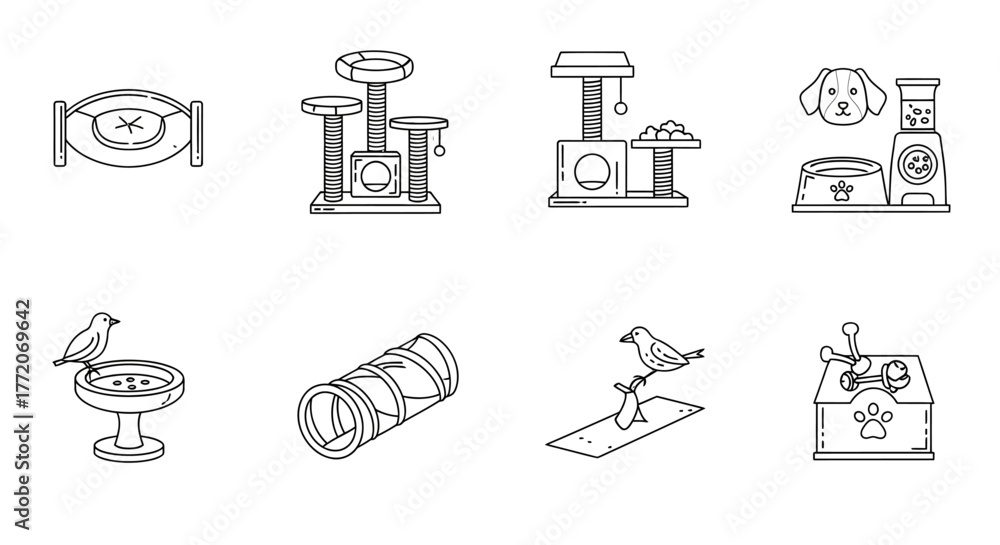 Fototapeta premium pet supplies simple line drawing icons of various pet products cat tree dog food bird bath and toys for website or infographic design.