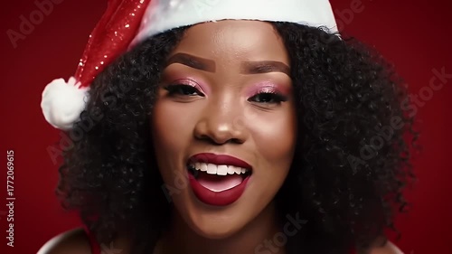 Smiling Woman Wearing Santa Hat Festive Makeup And Red Lipstick Studio Portrait Red Background