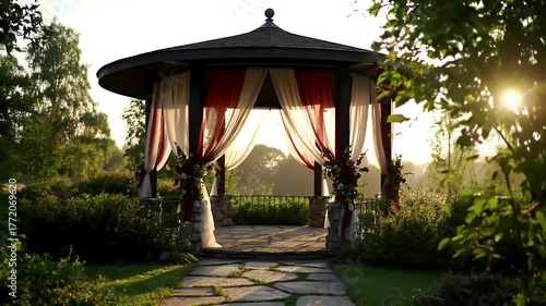 Golden Hour Sunlight Illuminates Elegant Gazebo Decorated with Red and White Drapes in Lush Garden Setting