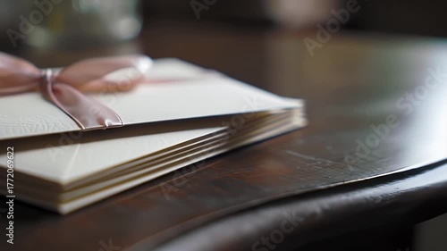Stack of Cream Colored Envelopes Tied With A Soft Pink Ribbon On A Dark Wood Surface