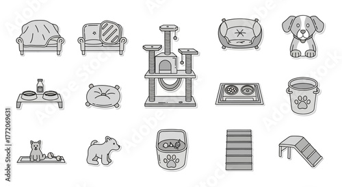 pet supplies icons assortment of cat tree dog bed food bowls and toys for pet care businesses illustrating responsible pet ownership  comfort