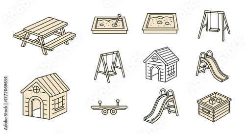 playground equipment illustrations of a picnic table swings slides and sandboxes perfect for childrens play areas promoting outdoor activity and fun