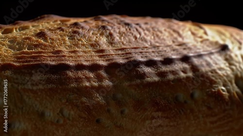 Artisan Sourdough Bread Crust Macro Shot Golden Brown Texture Deliciously Baked with Dark Background and Dramatic