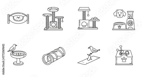 pet supplies simple line drawing icons of various pet products cat tree dog food bird bath and toys for website or infographic design.