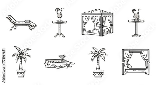 resort icons lounge chair and poolside bar with cocktails and bungalow cabanas tropical vacation getaway perfect for travel and tourism designs