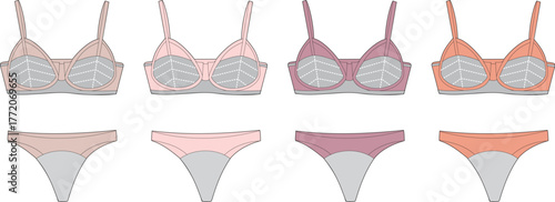 Vector illustration of a modern women's lingerie collection. Delicate bras and matching briefs in soft pastel colors with elegant leaf designs, ideal for fashion apparel concepts