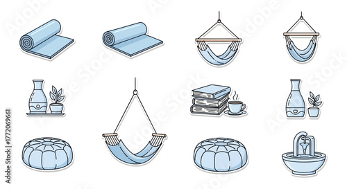 relaxation icons showing rolled mats hammocks books and water features for creating a peaceful atmosphere and promoting mental well-being