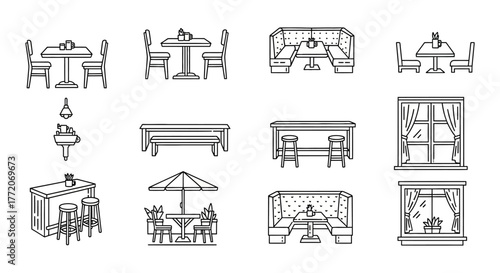 restaurant furniture icons diverse cafe layout for interior design projects showcasing tables chairs booths counters and windows in a modern style