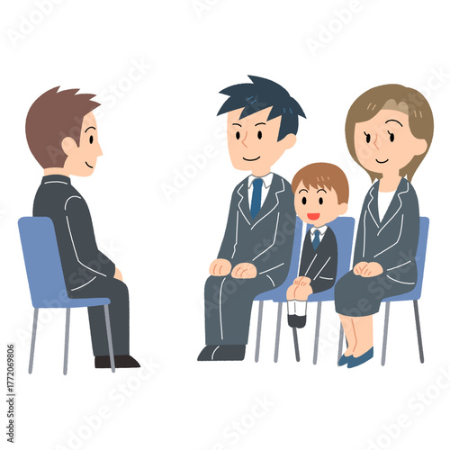 スーツの男性と向かい合い着席する親子のイラスト