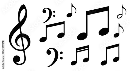 Musical notes and symbols in black and white image.