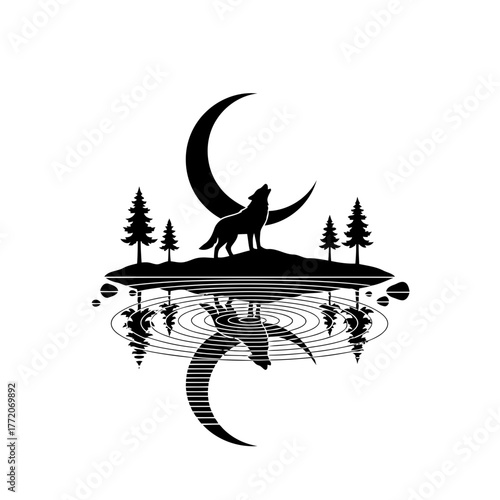 Vector art of silhouette of a wolf howling at the moon with reflection
