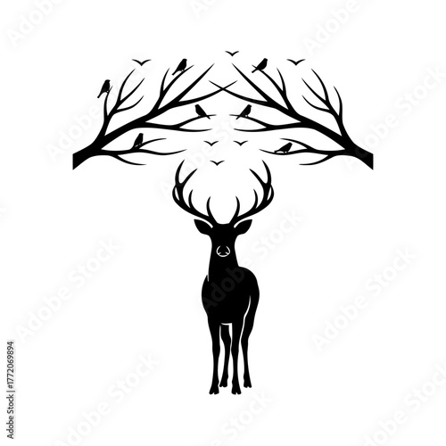 Vector art of silhouette of a deer with birds on branches