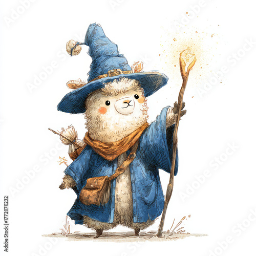 Adventurous wizard alpaca fantasy world illustration magical setting playful perspective