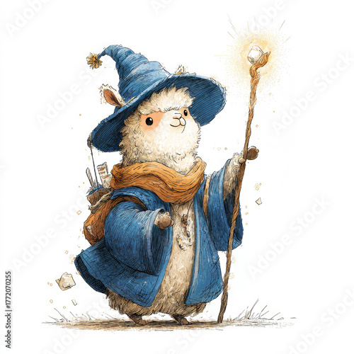 Magical llama wizard casting spells in enchanted forest fantasy illustration whimsical view