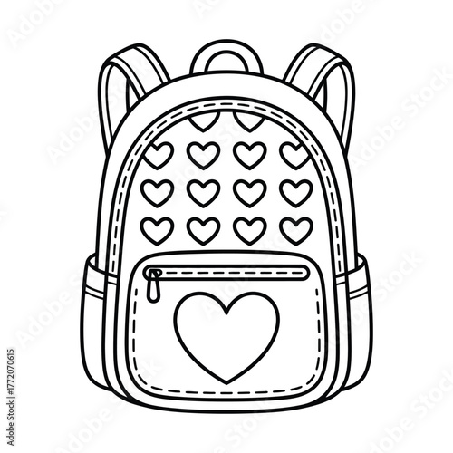 School backpack outline drawing hearts decoration student rucksack baggage accessory coloring book page