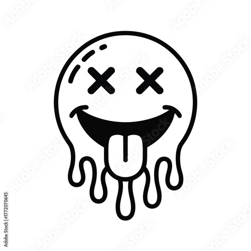 Dripping smile face icon with X eyes melted liquid texture cartoon drawing hallucination acid house doodle symbol
