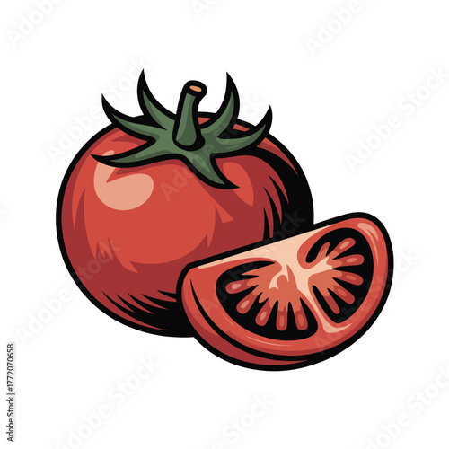 Fresh ripe red tomato and slice vegetable healthy food diet ingredient drawing detailed vector illustration design element