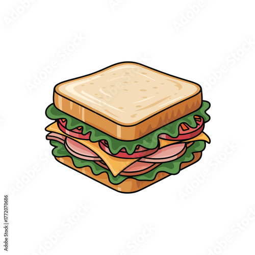 Delicious layered lunch sandwich with fresh vegetables meat and cheese on toast isometric vector cartoon illustration
