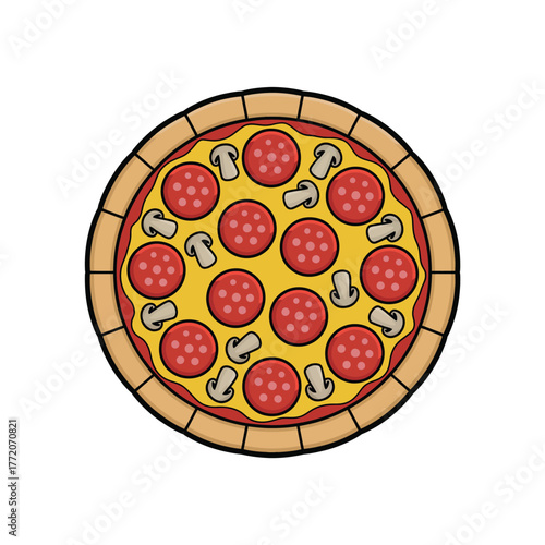 Whole round top view pepperoni and mushroom pizza flat vector illustration delicious fast food Italian cuisine dinner meal