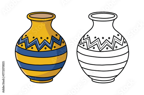 Decorative handmade clay vase set with colorful zigzag patterns and line art outline drawing traditional pottery design