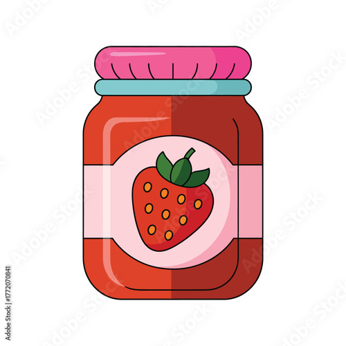 Jar of homemade strawberry jam sweet preserves spread food product with fruit label flat vector illustration cooking condiment