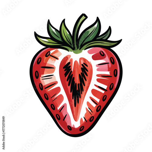 Hand drawn watercolor style strawberry cut in half showing seeds and inner structure ripe fruit vector illustration