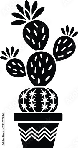 Decorative potted cactus succulent plant black silhouette flat vector illustration for home garden decor desert flora