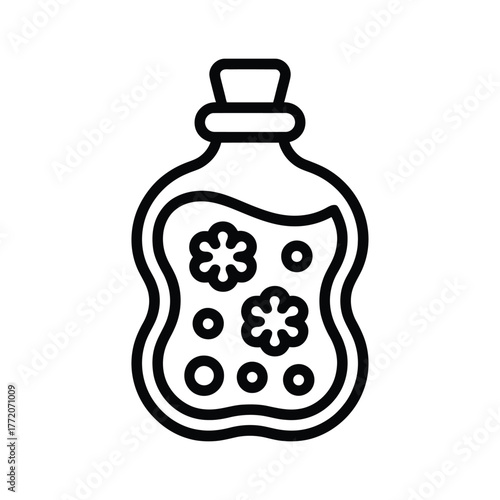 Decorative glass potion bottle containing liquid essence with stylized flowers aroma aromatherapy cosmetic outline icon