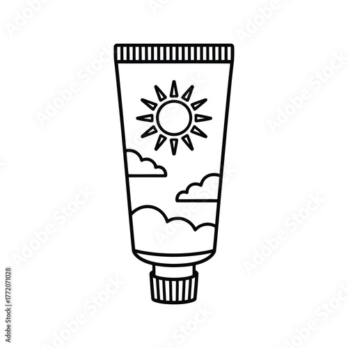 Sun protection cream tube icon drawing summer skincare product doodle sun rays outline vector illustration graphic